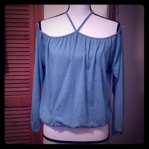 Light teal, cold shoulder top